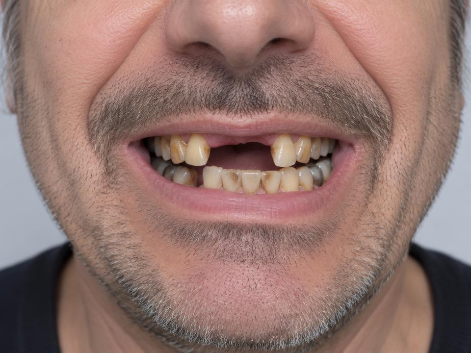 Illustrative smile before implant treatment — Missing teeth, complete again