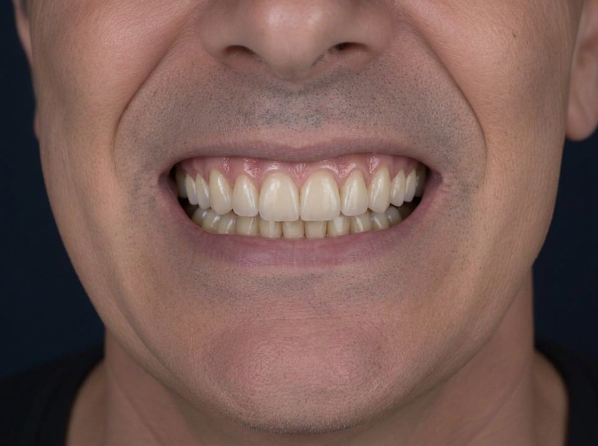 Illustrative smile after full implant treatment — Worn smile, fully restored
